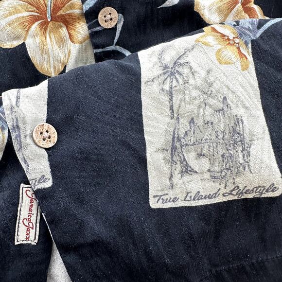 Jamaica Jaxx Silk Camp Shirt Button Down Floral Pineapple 100% Silk Black Medium - Picture 3 of 6
